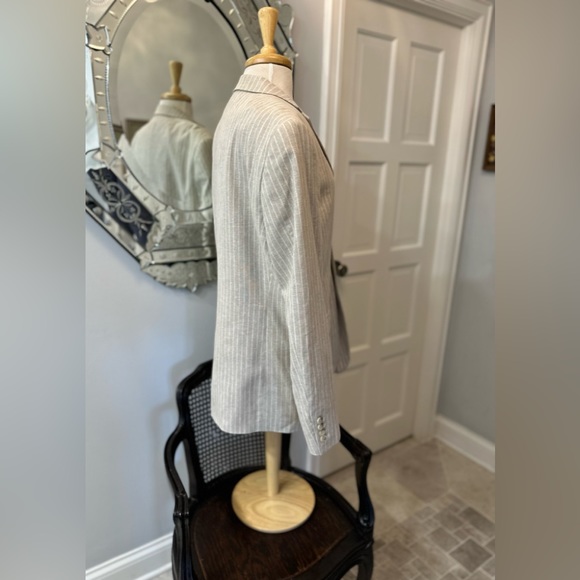 NWOT Beige White Perry Ellis Pin Stripe Linen Cotton Stud Boss Blazer 42R - Picture 12 of 15